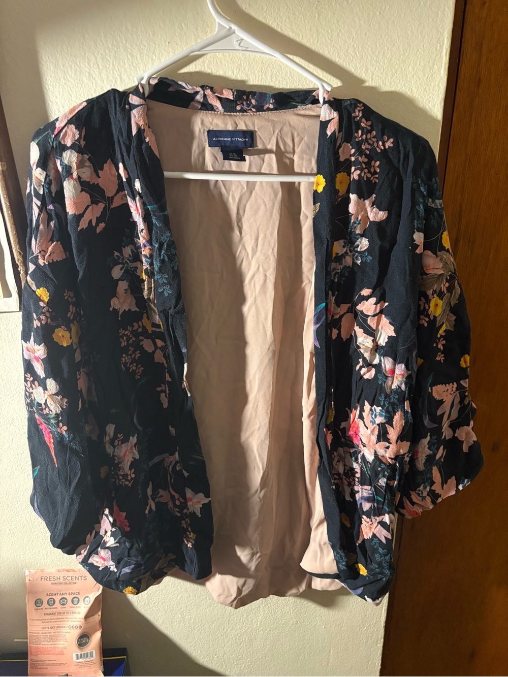 Adrienne Vittadini Black Floral Open Blazer with Pink and Yellow Accents